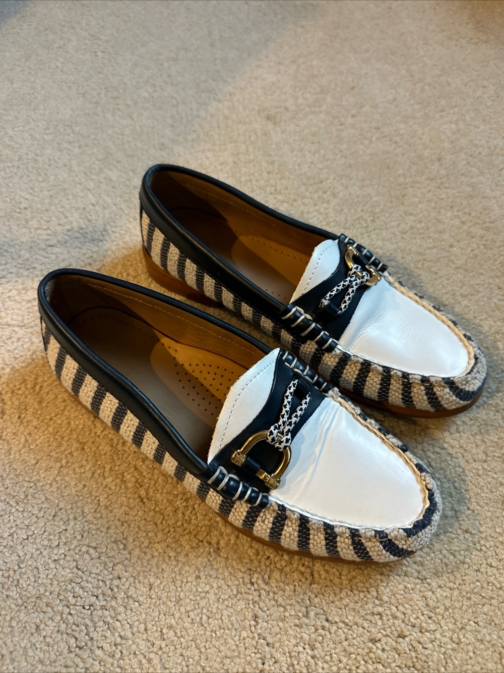 G. H. Bass Lilly Loafers Blue & White Stripes Leather Canvas Moccasins Gold Bit